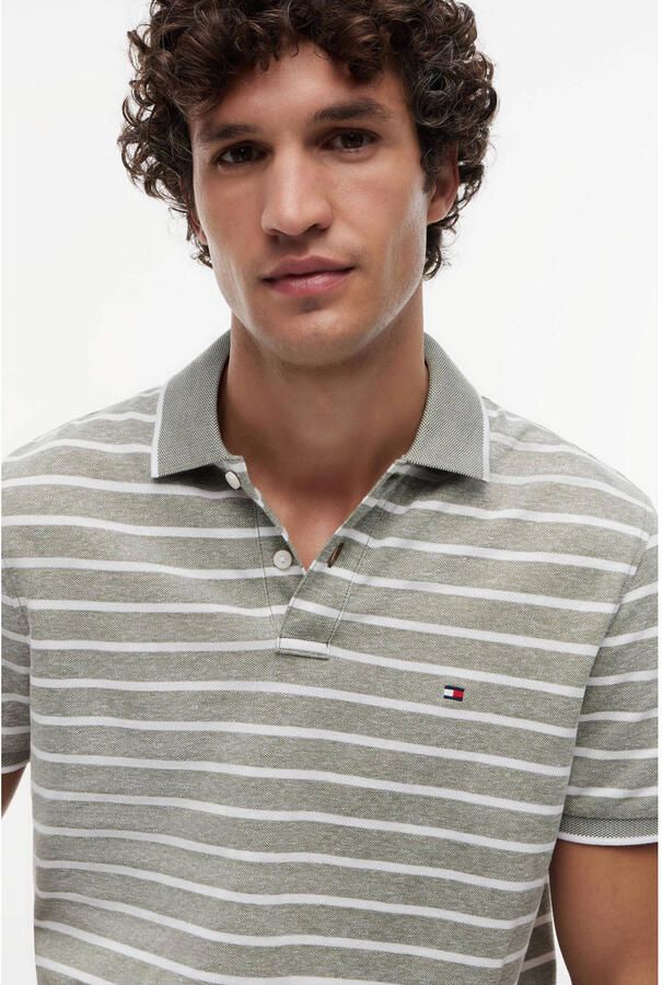 Tommy Hilfiger regular gestreepte polo met linnen fijn gebreid grijsgroen - Foto 6