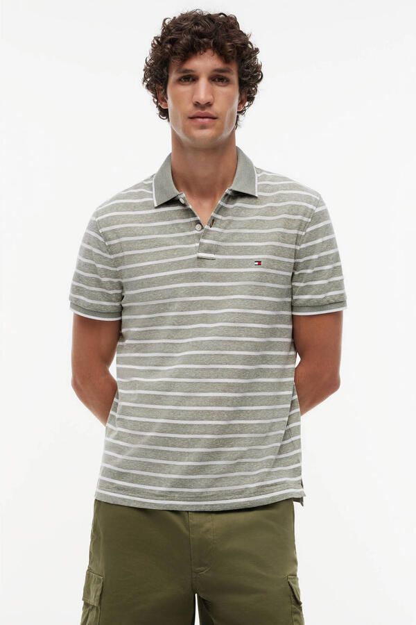 Tommy Hilfiger regular gestreepte polo met linnen fijn gebreid grijsgroen - Foto 7