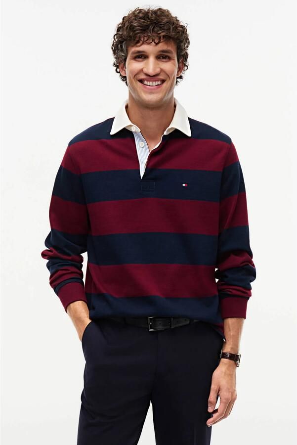 Tommy Hilfiger Rugby regular fit gestreepte sweater bordeaux donkerblauw - Foto 3