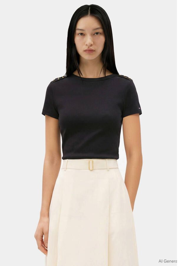 TOMMY HILFIGER Dames Tops & T-shirts Gold Button Slim Ss Tee Zwart - Foto 5