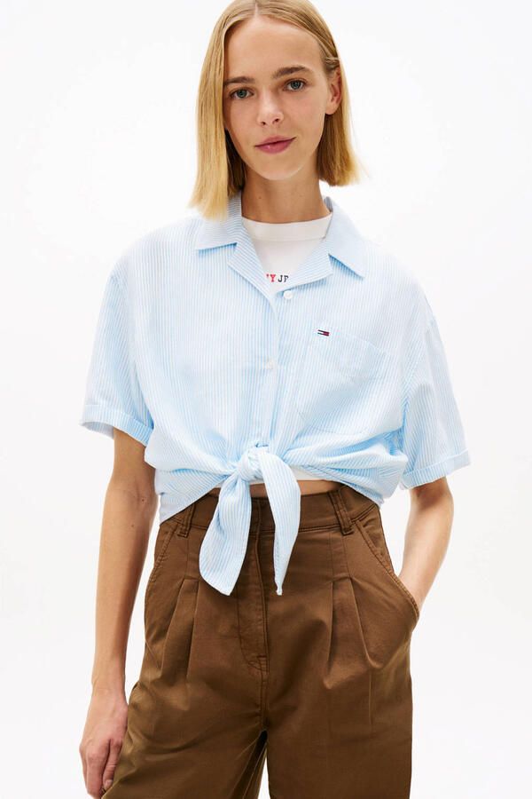 Tommy Jeans regular fit linnen blouse van mix van linnen met strikdetail - Foto 5
