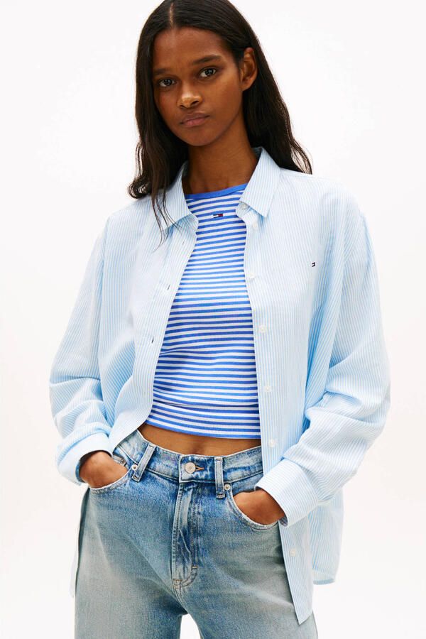 Tommy Jeans gestreepte blouse met linnen lichtblauw