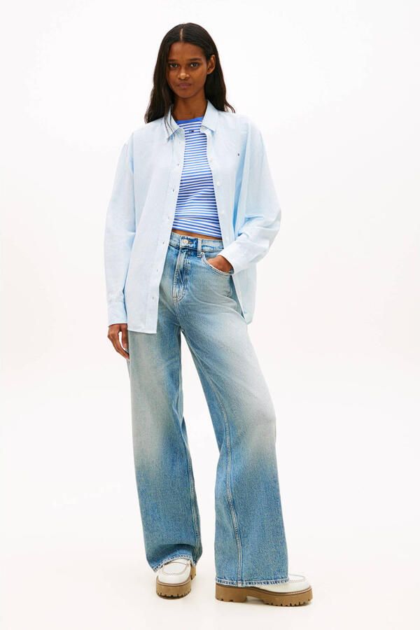 Tommy Jeans gestreepte blouse met linnen lichtblauw - Foto 2