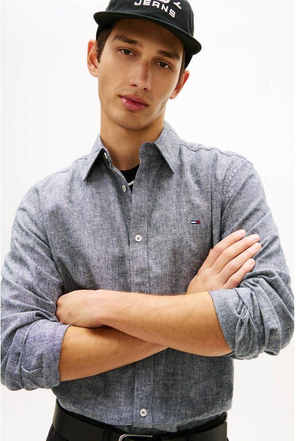 Tommy Jeans regular casual overhemd met linnen donkerblauw