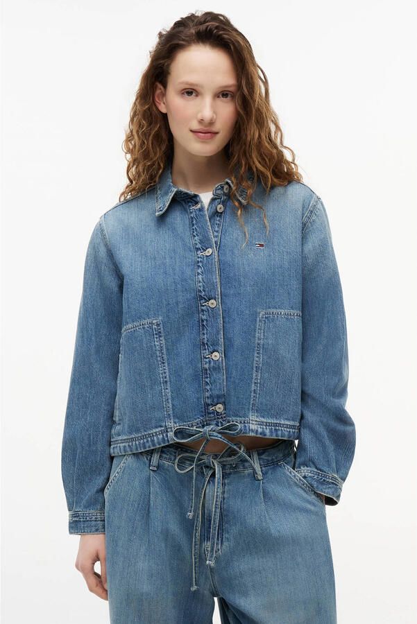 Tommy Jeans relaxed fit jeansjack van mix van katoen en linnen met tunnelkoord