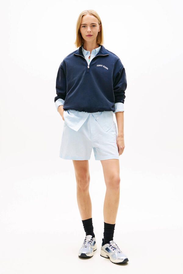 Tommy Jeans straight regular waist gestreepte casual short met linnen lichtblauw - Foto 6