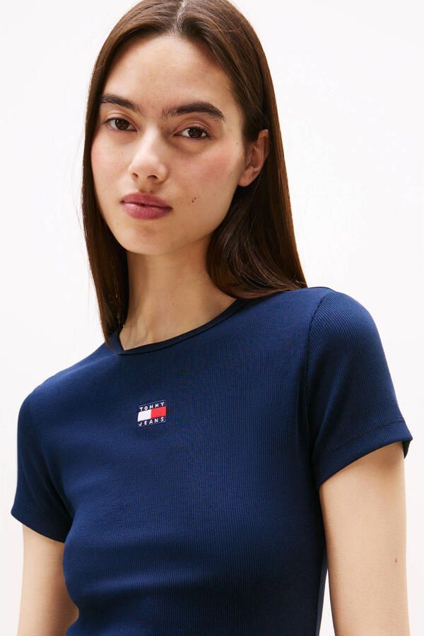Tommy Jeans Geribbelde Stretch T-shirt Blauwe Ronde Hals Blue Heren