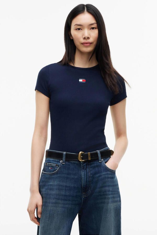 Tommy Jeans Geribbelde Stretch T-shirt Blauwe Ronde Hals Blue Heren