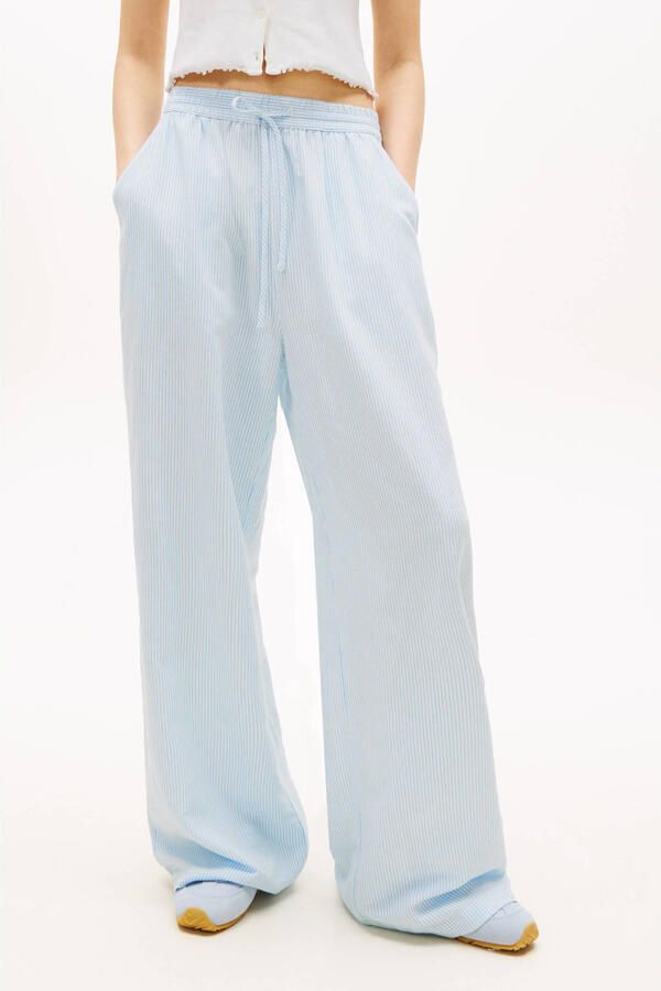 Tommy Jeans wide leg high waist gestreepte casual broek met linnen lichtblauw - Foto 3