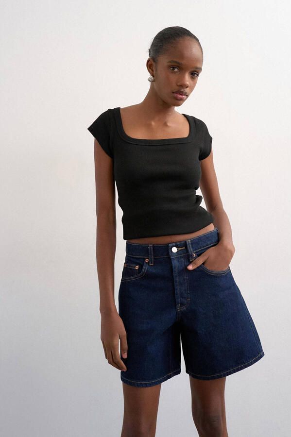TOPSHOP denim wide leg high waist short dark blue denim