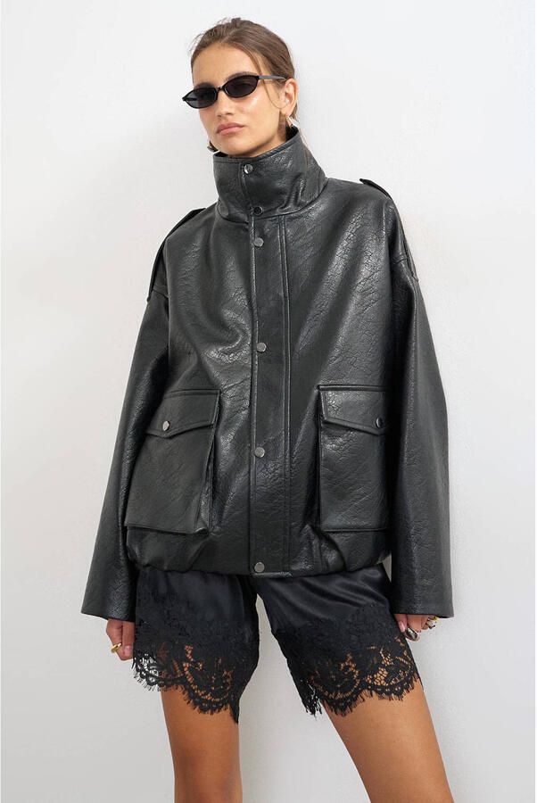TOPSHOP imitatieleren bikerjack zwart