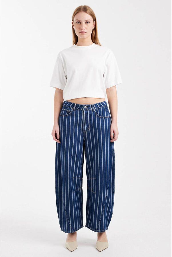 TOPSHOP low waist barrel gestreepte jeans donkerblauw