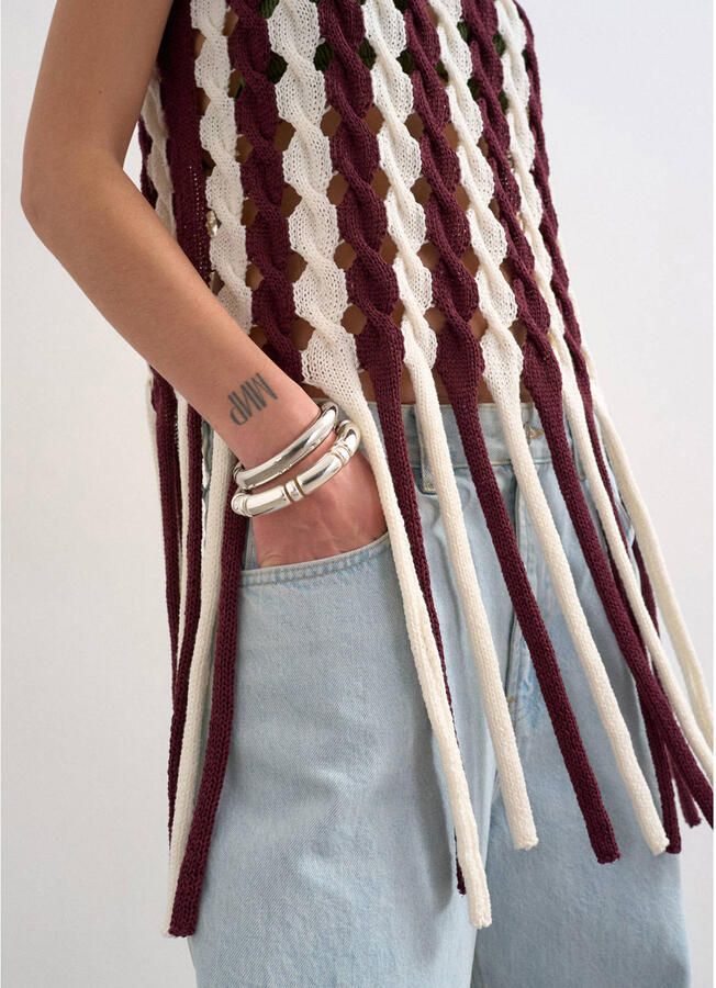 TOPSHOP regular fit gestreepte gebreide top met franjes donkerrood