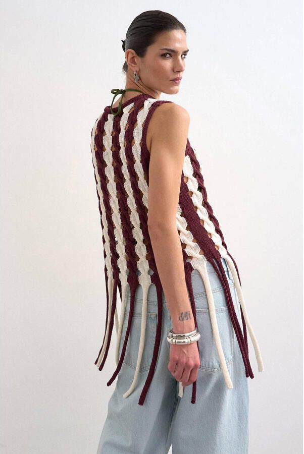 TOPSHOP regular fit gestreepte gebreide top met franjes donkerrood - Foto 2