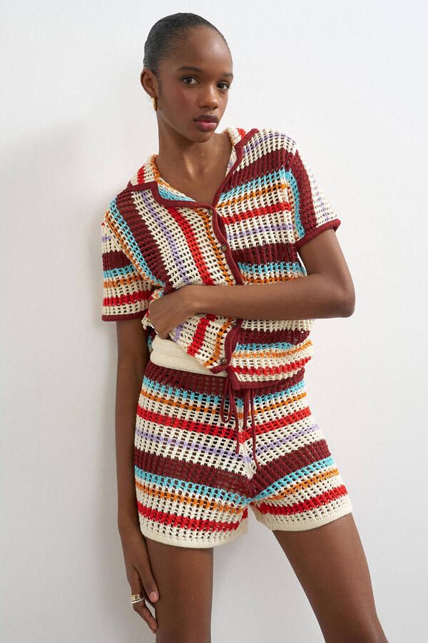 TOPSHOP regular high waist gestreepte strandshort multi gebreid - Foto 3