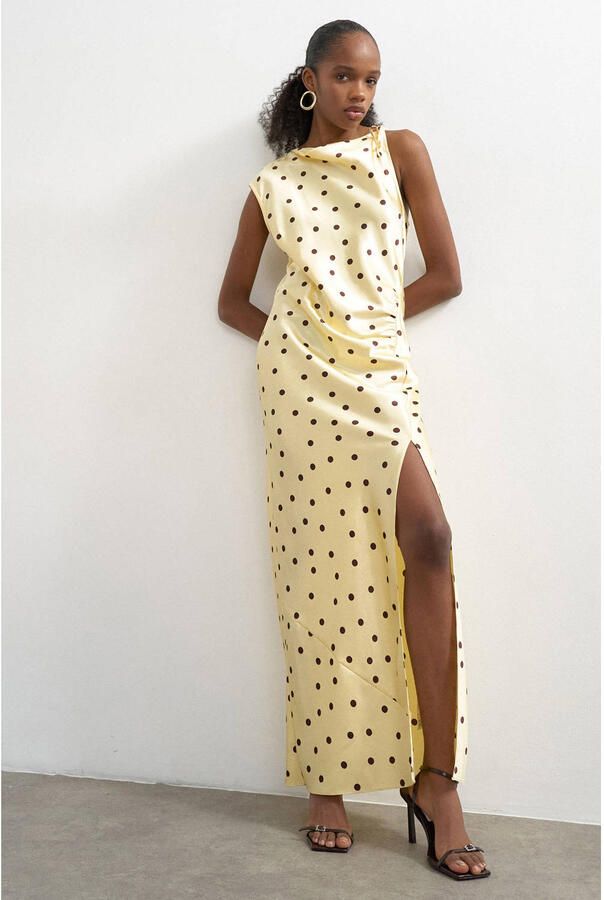 TOPSHOP satijnen maxi jurk met stippen lichtgeel