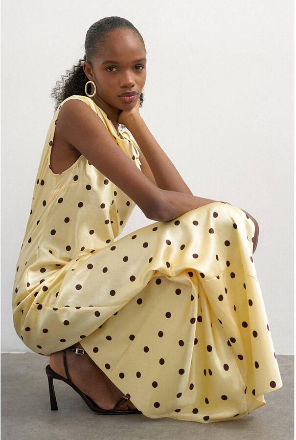 TOPSHOP satijnen maxi jurk met stippen lichtgeel - Foto 2