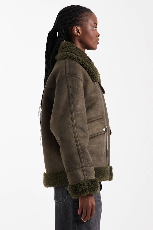 TOPSHOP suèdelook jas met imitatiebontkraag kaki - Foto 2