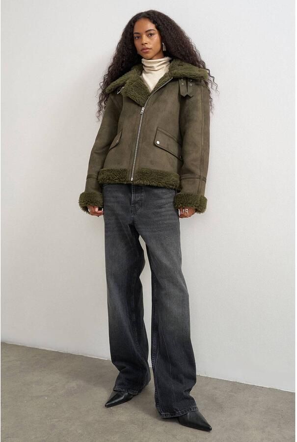 TOPSHOP suèdelook jas met imitatiebontkraag kaki - Foto 3
