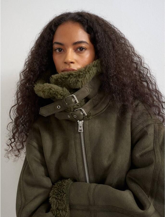 TOPSHOP suèdelook jas met imitatiebontkraag kaki - Foto 2
