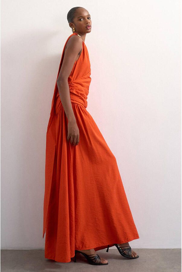 TOPSHOP viscose maxi zomerjurk met plooien oranje - Foto 2