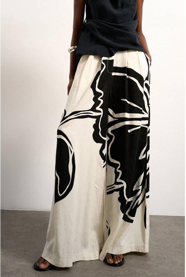 TOPSHOP wide leg fit gebloemde casual broek met linnen ecru