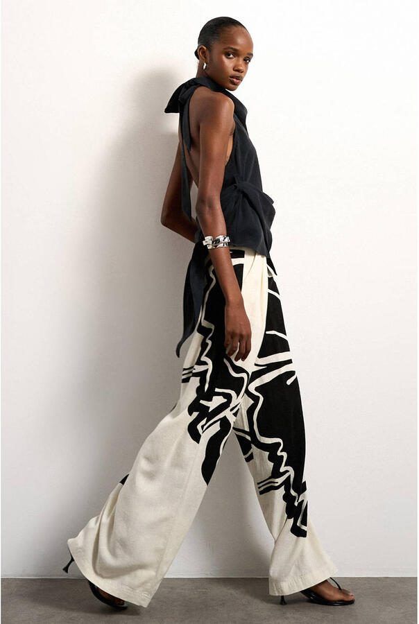 TOPSHOP wide leg fit gebloemde casual broek met linnen ecru - Foto 3