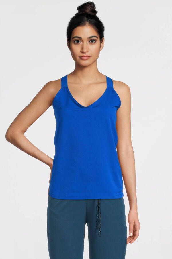 TQ-Amsterdam top Mirai van travelstof met open rug blauw