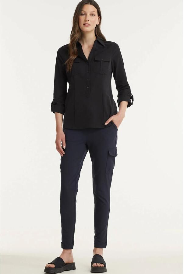 TQ-Amsterdam high waist slim fit cargobroek Karin van travelstof donkerblauw