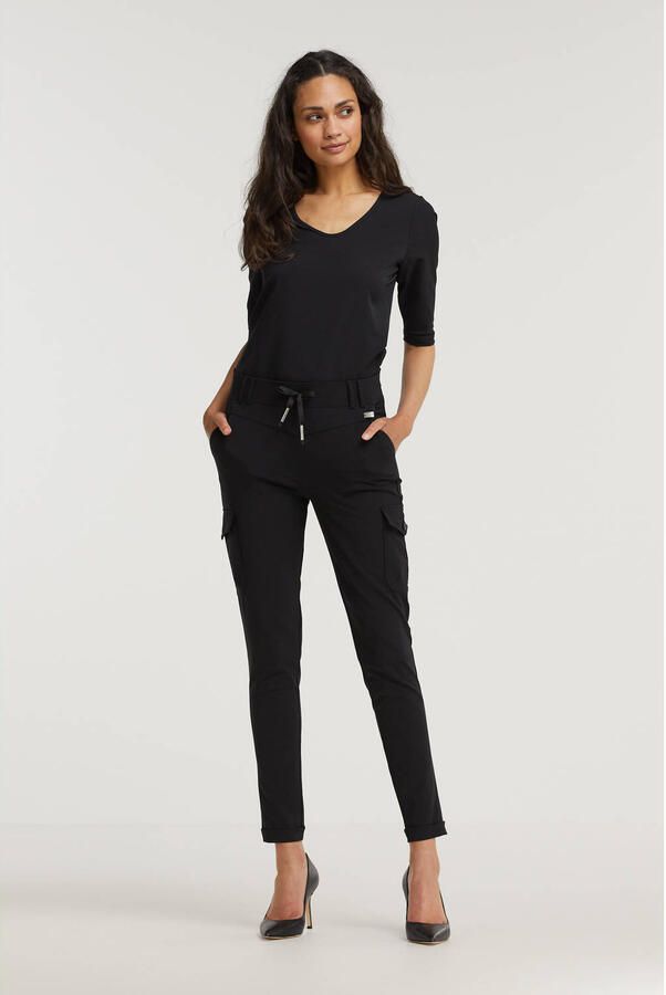 TQ-Amsterdam high waist slim fit cargobroek Karin van travelstof zwart - Foto 3