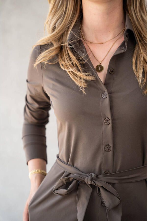 TQ-Amsterdam travelstof midi blousejurk met ceintuur taupe