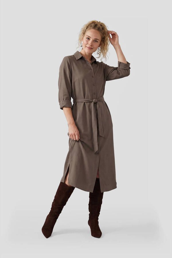 TQ-Amsterdam travelstof midi blousejurk met ceintuur taupe