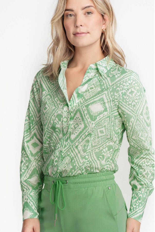 Tramontana blouse met all over print en plooien groen crème