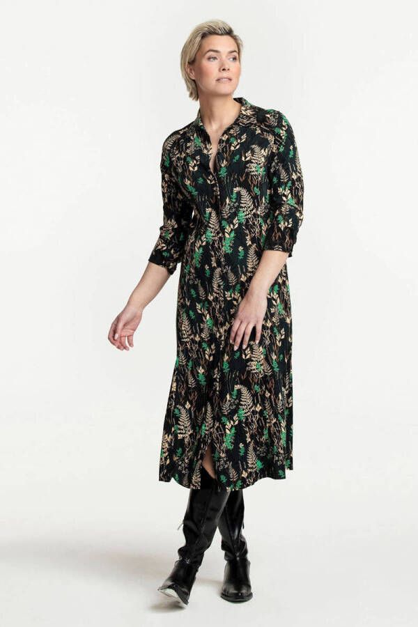 Tramontana blousejurk Dress Meadow Print met bladprint zwart groen donkergroen