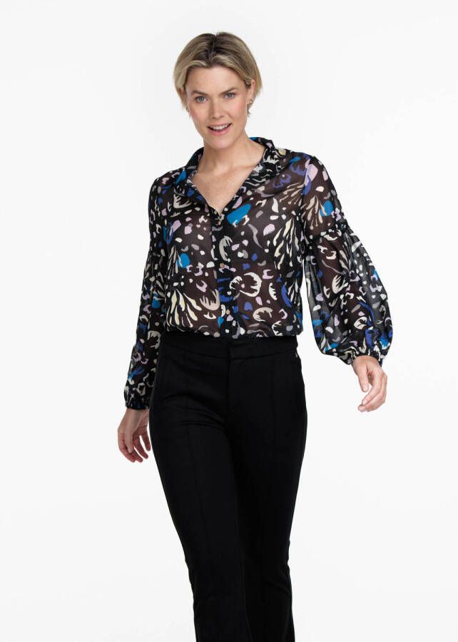 Tramontana semi-transparante blouse met all over print zwart wit blauw