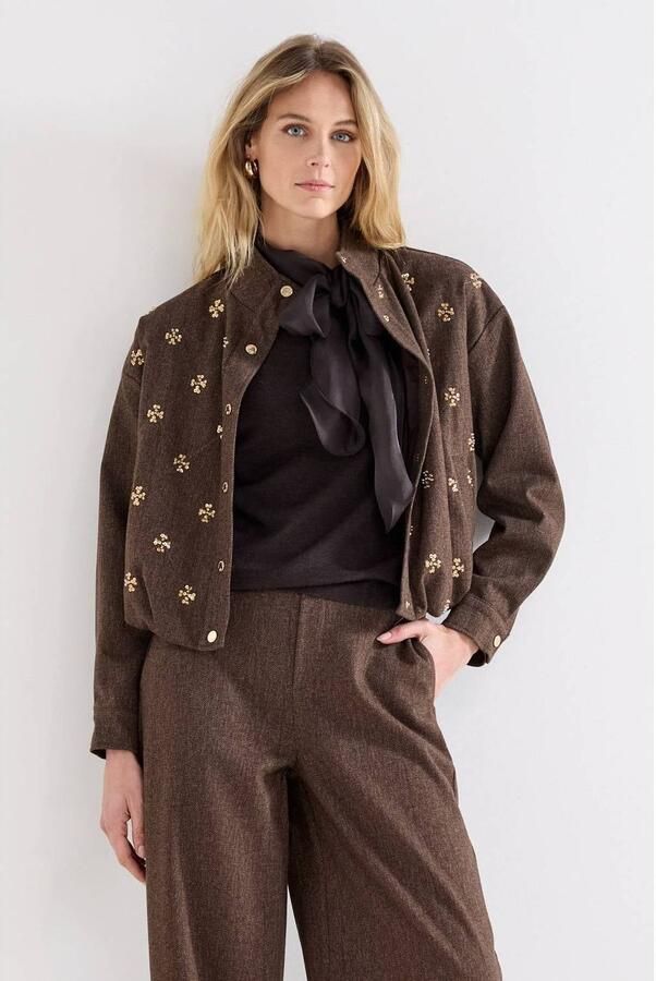 Tramontana tweed geruite jas met pailletten donkerbruin