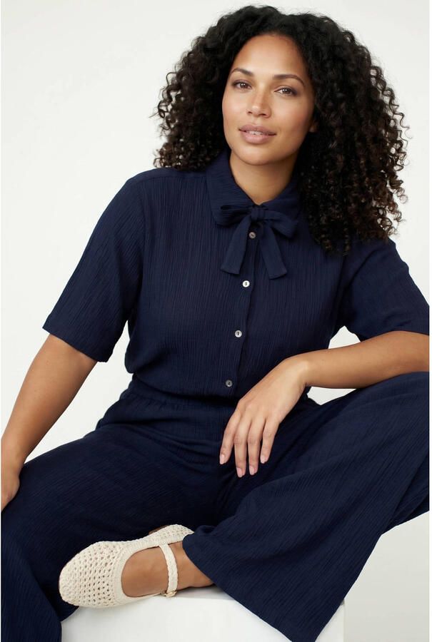 Tramontana viscose straight fit broek met textuur donkerblauw