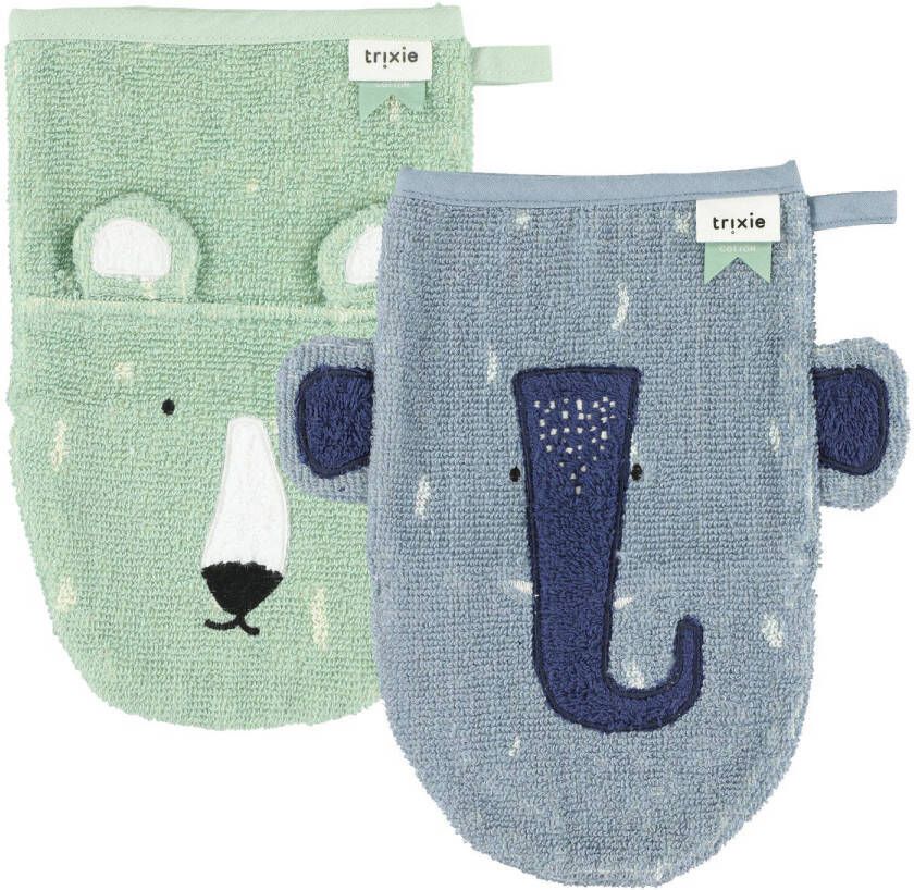TRIXIE Mr. Polar Bear Mrs. Elephant baby washandje set van 2 blauw groen Hydrofiele washandjes
