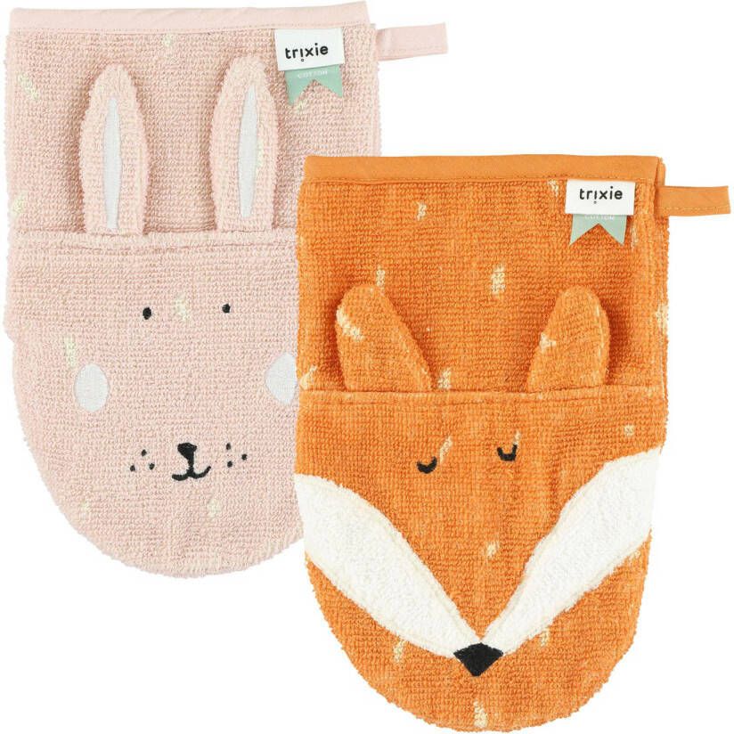 TRIXIE Mrs. Rabbit Mr. Fox baby washandje set van 2 roze oranje Hydrofiele washandjes
