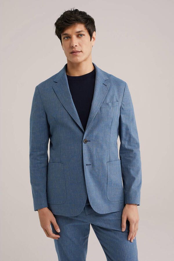 WE Fashion gemêleerd slim fit colbert met linnen blauw - Foto 1