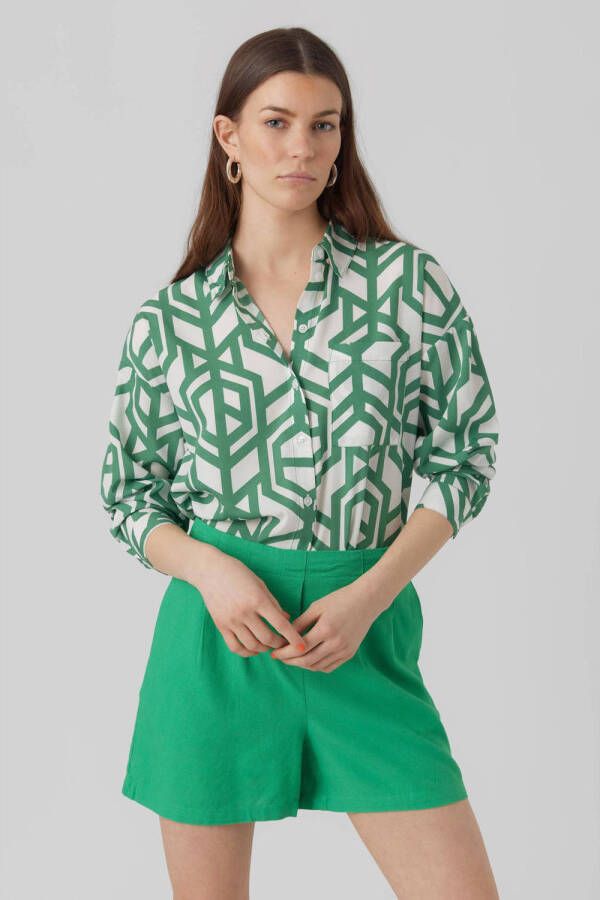 VERO MODA blouse met grafische print VMJENNY groen wit