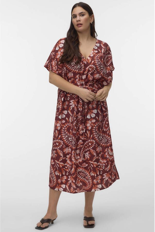 VERO MODA CURVE gebloemde midi jurk roze
