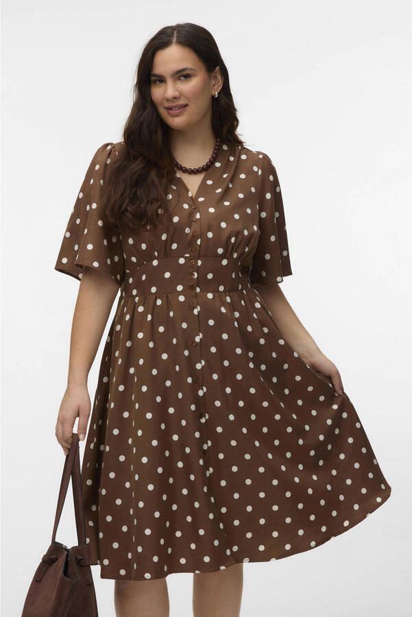 VERO MODA CURVE midi jurk met stippen bruin