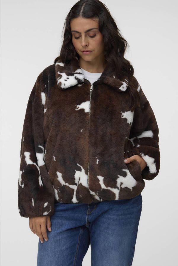 VERO MODA CURVE Plus Size faux fur jas met koeienprint bruin