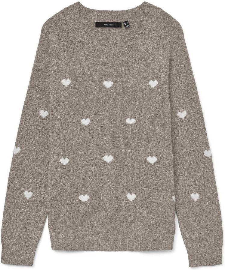 VERO MODA CURVE rechtvallende gebreide trui met borduursels en hartjes Plus Size beige