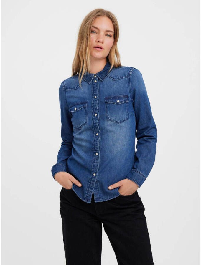 Vero Moda Aansluitende Denim Blouse met Lange Mouwen Blauw Dames