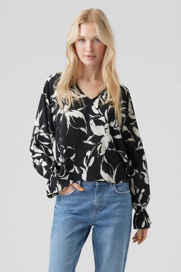 VERO MODA gebloemde geweven top VMPOLLIANA van gerecycled polyester zwart wit