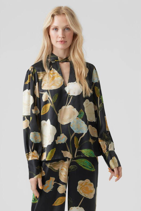 VERO MODA gebloemde geweven top VMRENEE zwart oranje lichtroze