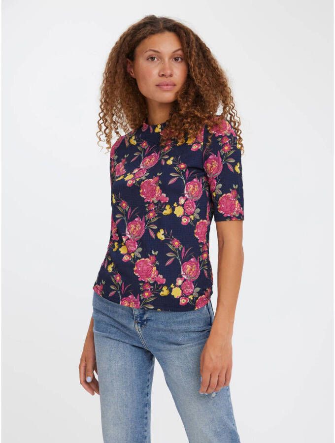 VERO MODA gebloemde top donkerblauw roze geel