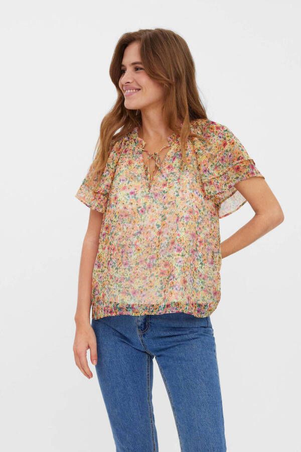 VERO MODA gebloemde top VMKAYA van gerecycled polyester roze multi